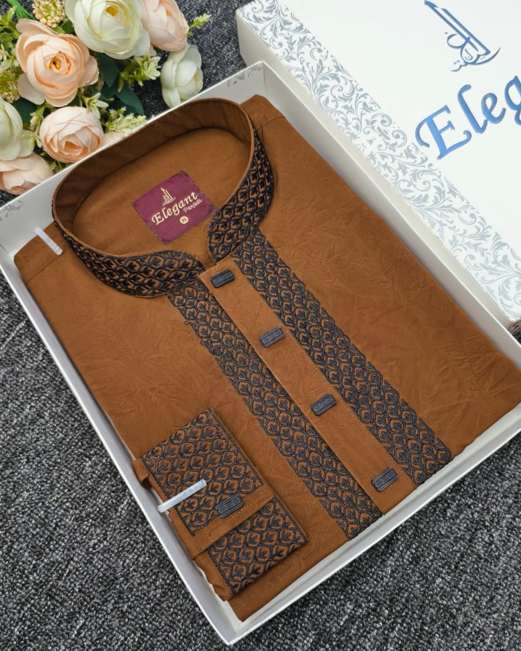 Micro Emboss Choco Brown Panjabi – Elegant